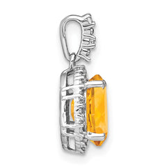 14k White Gold Oval Citrine and Diamond Halo Pendant