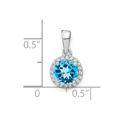 14k White Gold Blue Topaz and Diamond Halo Pendant