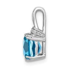 14k White Gold Cushion Blue Topaz and Diamond Pendant