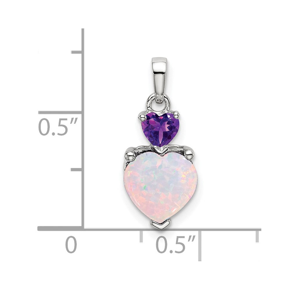 14k White Gold Heart Created Opal and Amethyst Pendant