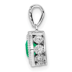 14k White Gold Cushion Emerald and Diamond Pendant with Side Diamond Detail