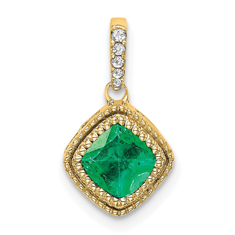 14k Cushion Emerald and Diamond Pendant with Side Diamond Detail