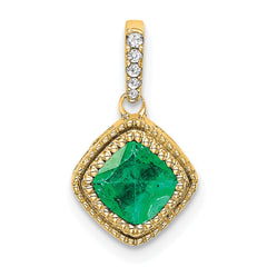 14k Cushion Emerald and Diamond Pendant with Side Diamond Detail