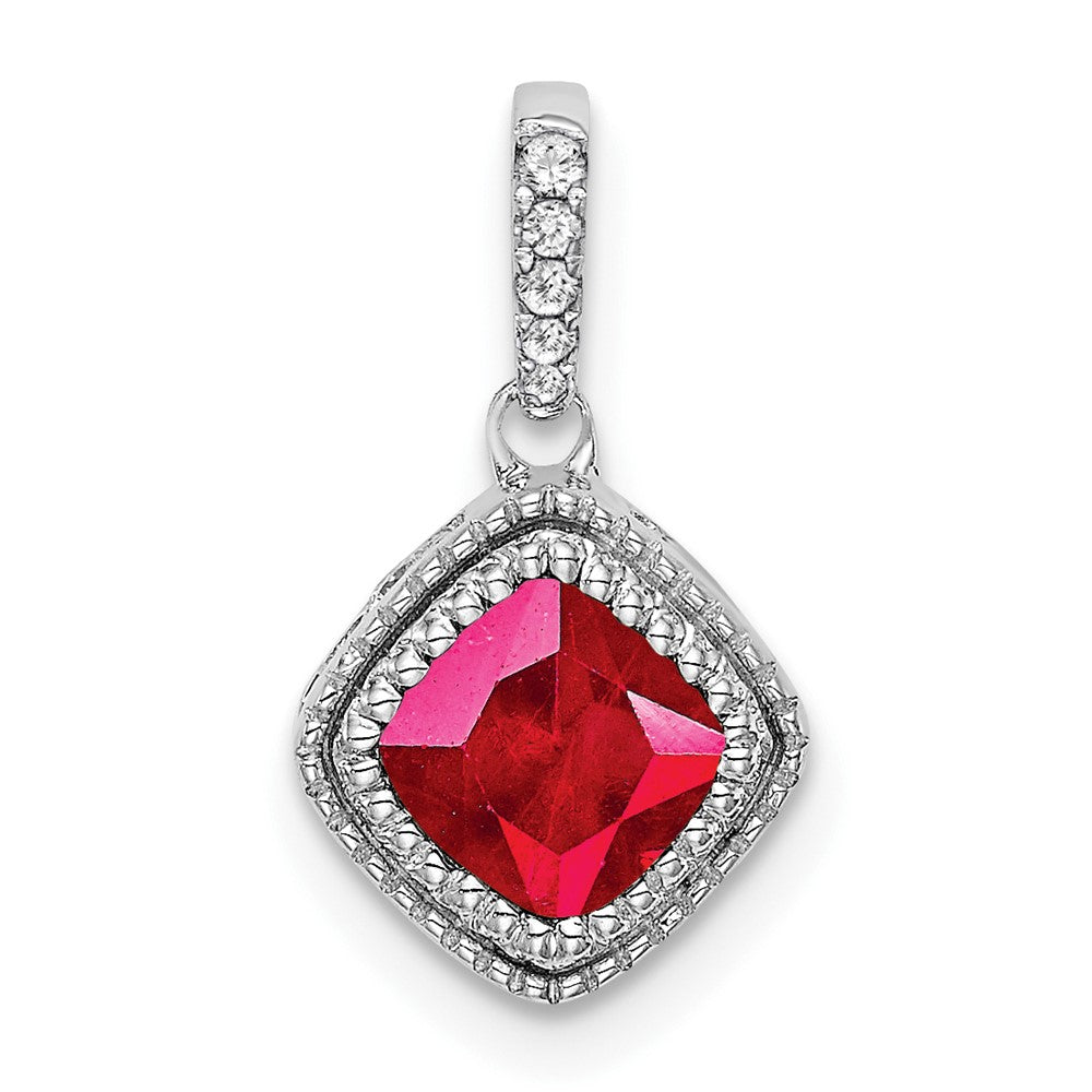 14k White Gold Cushion Ruby and Diamond Pendant with Side Diamond Detail