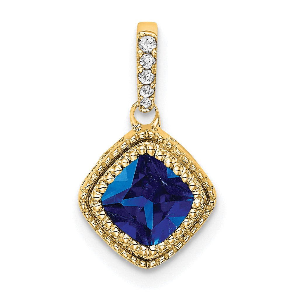 14k Cushion  Sapphire and Diamond Pendant with Side Diamond Detail