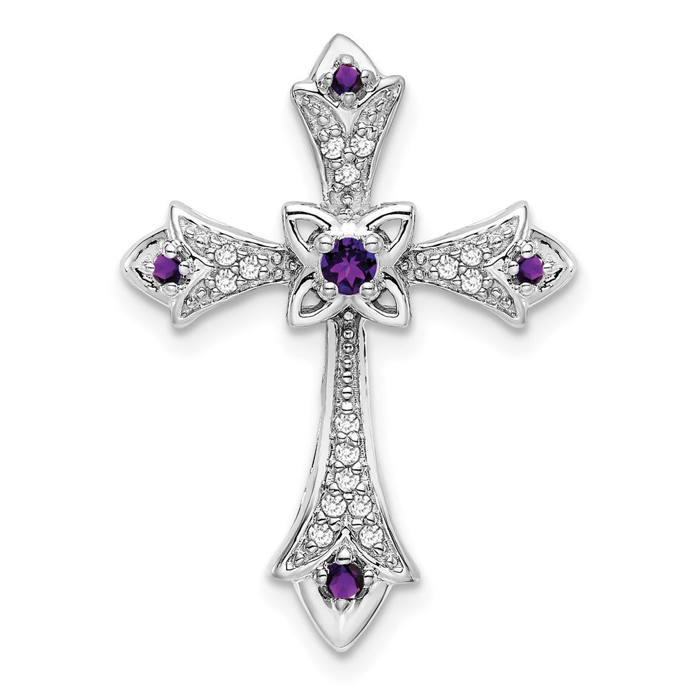 14k White Gold Amethyst and Diamond Fleur de Lis Cross Chain Slide