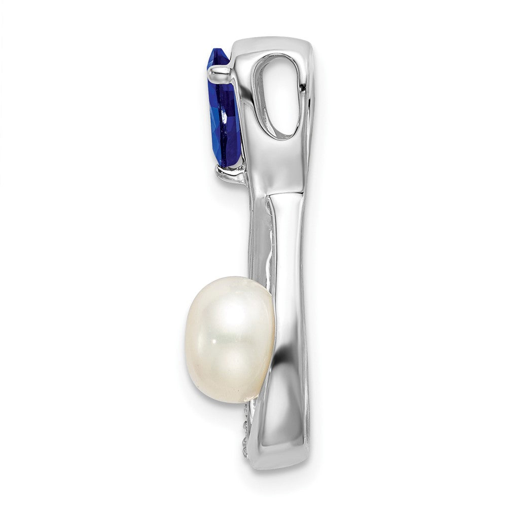 14k White Gold Pear Sapphire/Freshwater Cultured Pearl/Diamond Infinity Chain Slide