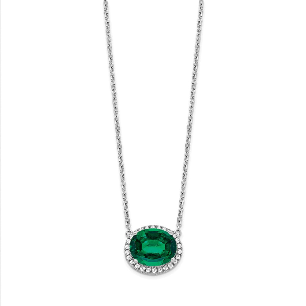 14k White Gold Oval Created Emerald/Diamond 18in. Halo Necklace