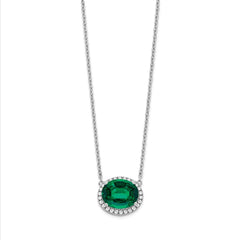 14k White Gold Oval Created Emerald/Diamond 18in. Halo Necklace