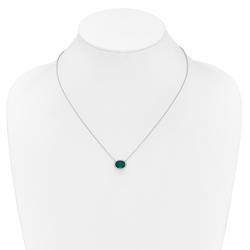 14k White Gold 10x8mm Oval Lab Created Emerald and Diamond Halo East-West 18 inch Necklace