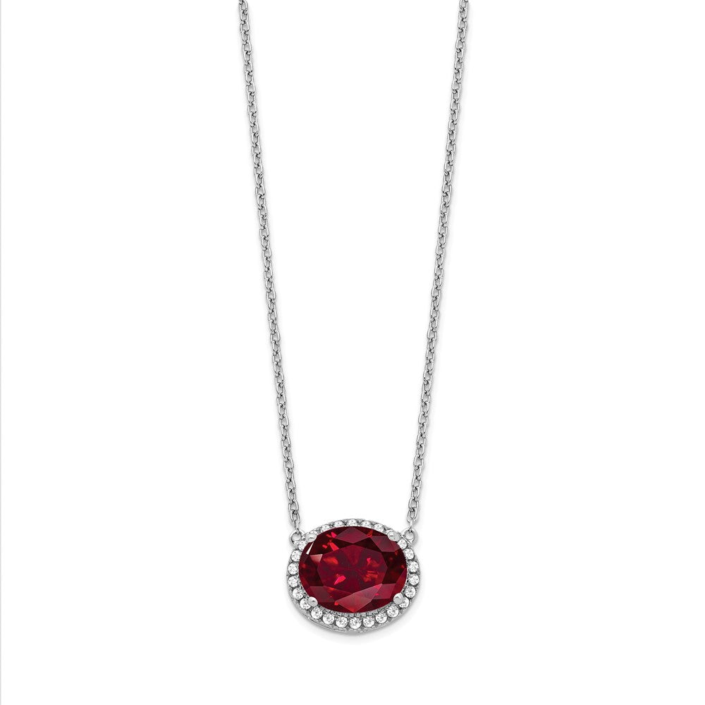 14k White Gold Oval Created Ruby/Diamond 18in. Halo Necklace
