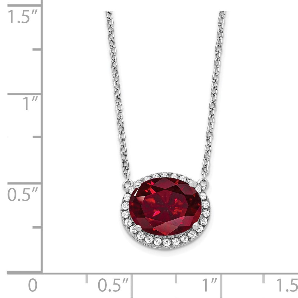 14k White Gold Oval Created Ruby/Diamond 18in. Halo Necklace