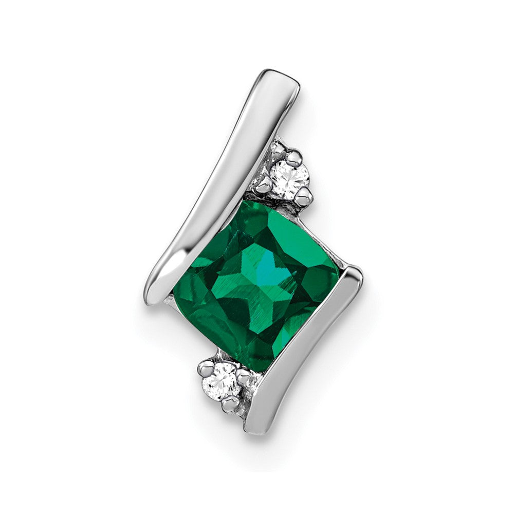 Sterling Silver Antique Cushion Cr. Emerald and Diamond Pendant
