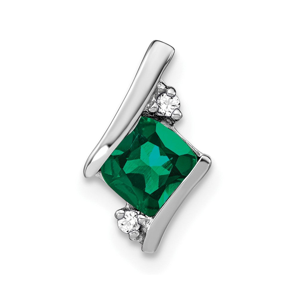 14K White Gold  Cushion Cr. Emerald and Diamond Chain Slide
