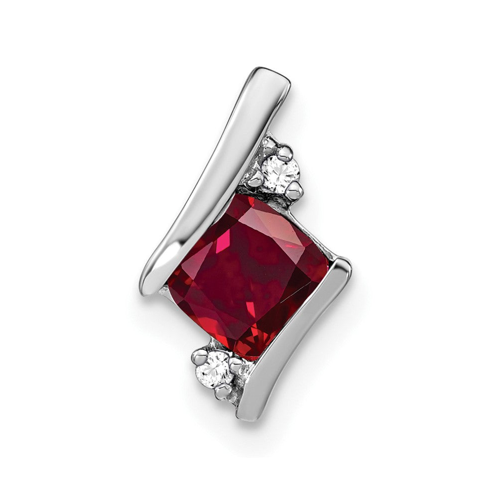 14K White Gold  Cushion Cr. Ruby and Diamond Chain Slide