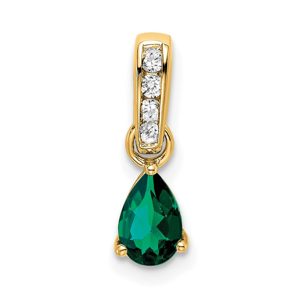 14K Pear Created Emerald and Diamond Pendant