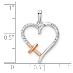 14k Two-tone White and Rose Heart w/Cross Diamond Pendant