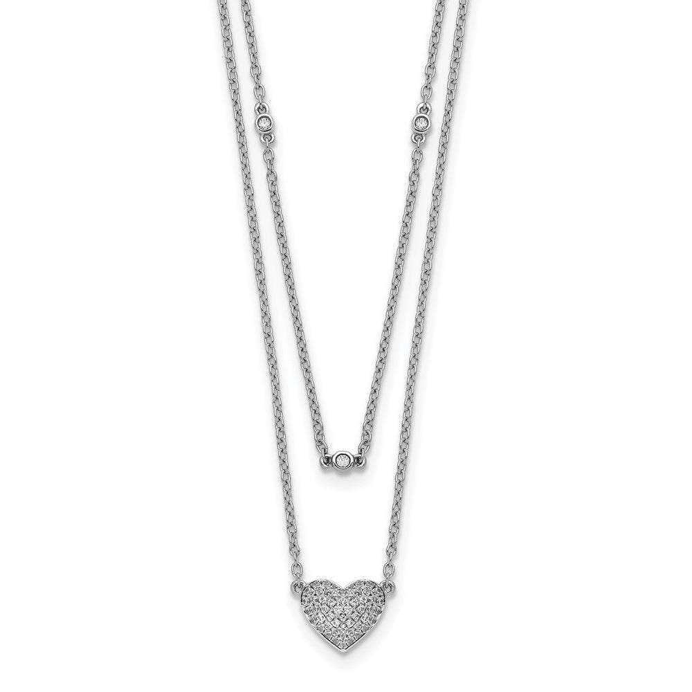 14k White Gold 1/5 carat Pave Diamond Double Strand Heart 18 inch Necklace
