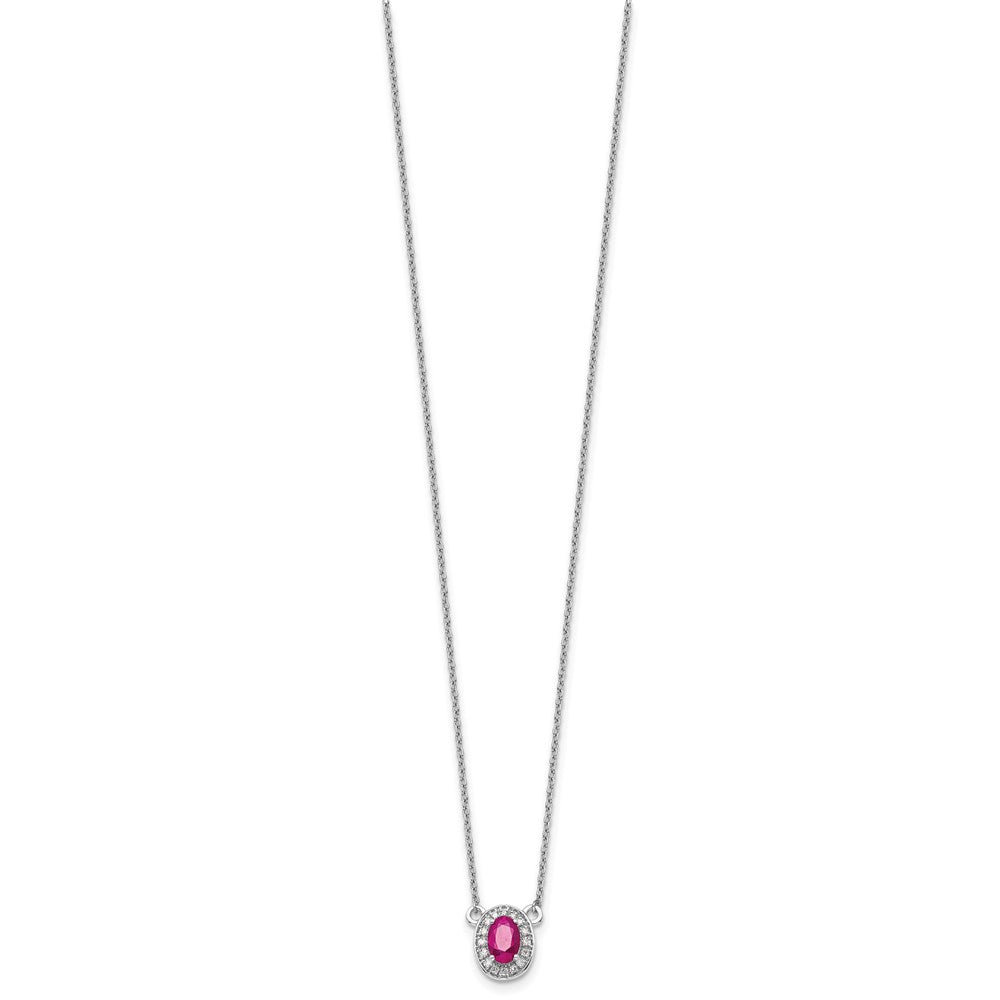 14k White Gold Diamond and 6x4mm Oval Ruby Halo 18 inch Necklace
