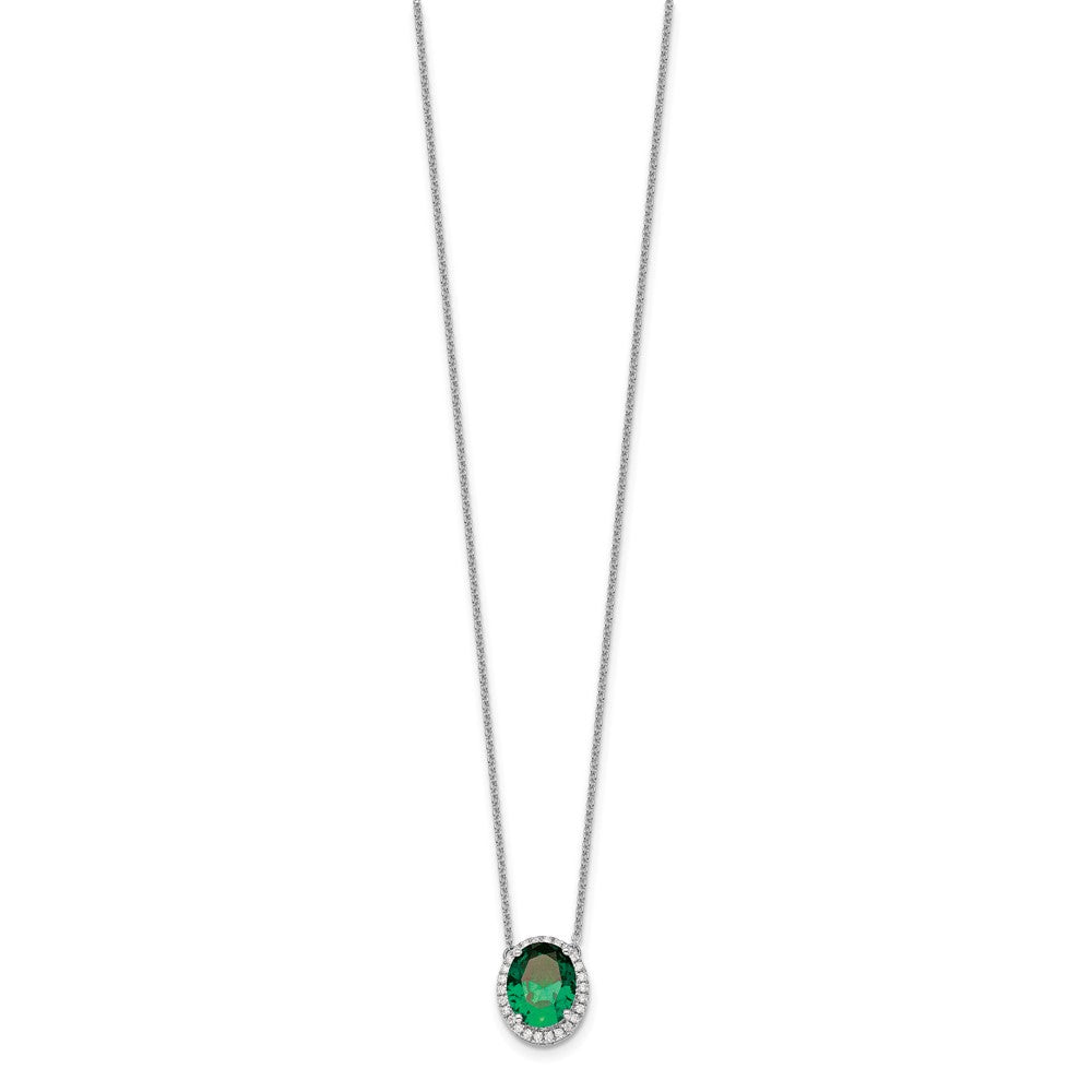 14k White Gold Oval Created Emerald/Diamond 18in. Halo Necklace