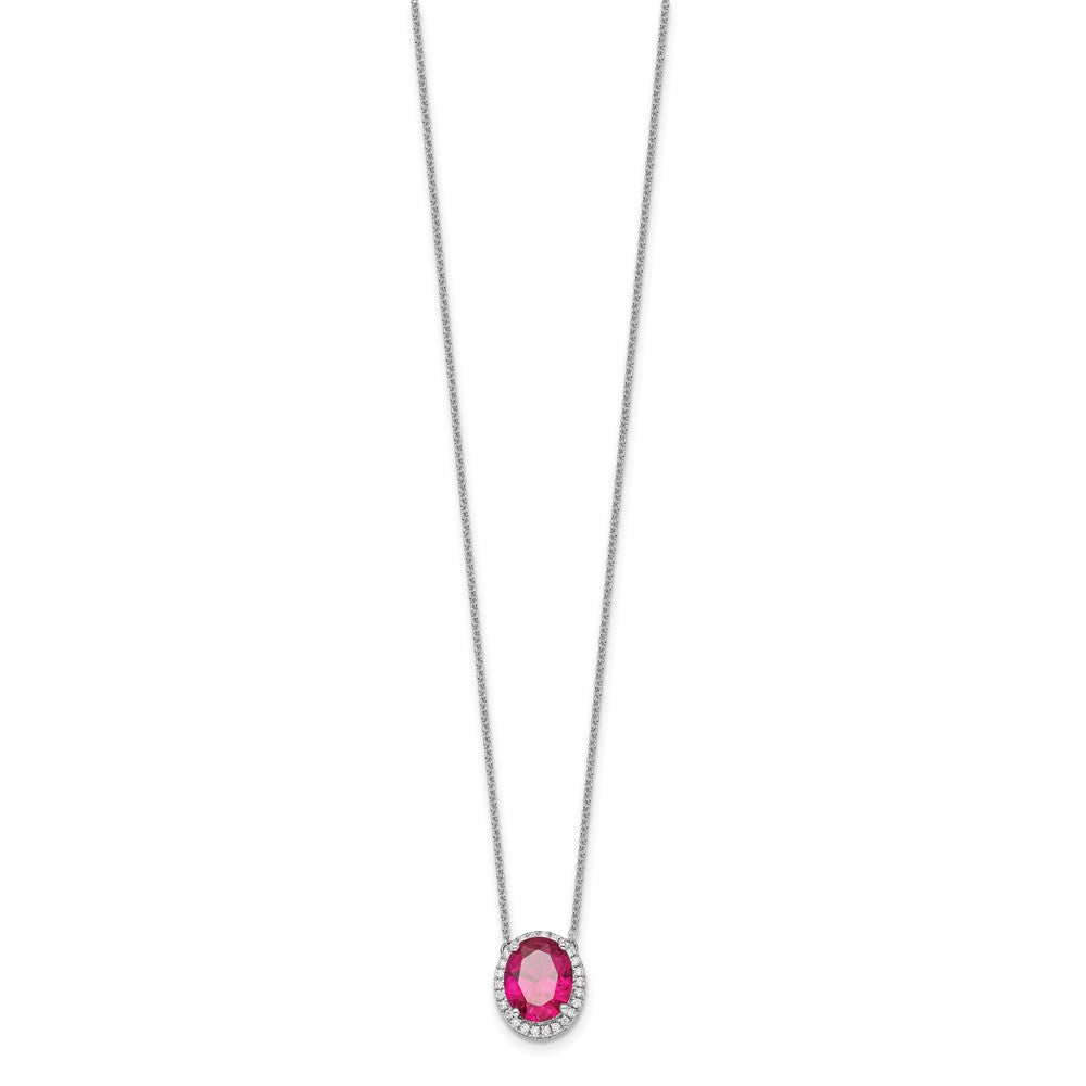 14k White Gold Oval Created Ruby/Diamond 18in. Halo Necklace