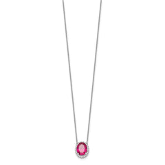 14k White Gold Oval Created Ruby/Diamond 18in. Halo Necklace