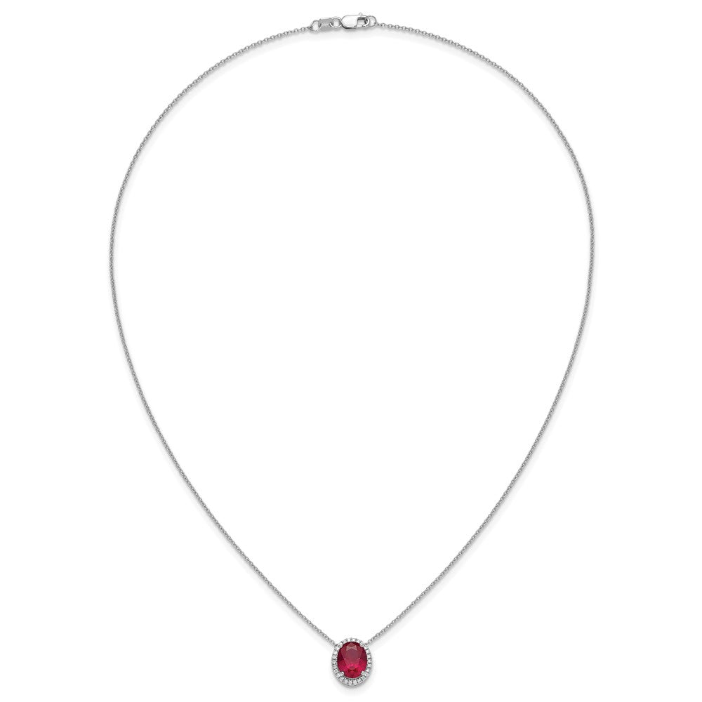 14k White Gold 10x8mm Oval Lab Created Ruby and Diamond Halo 18 inch Necklace