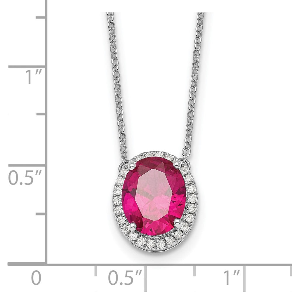14k White Gold Oval Created Ruby/Diamond 18in. Halo Necklace