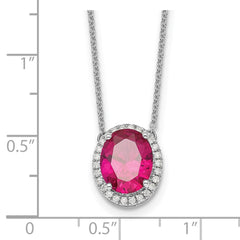 14k White Gold Oval Created Ruby/Diamond 18in. Halo Necklace