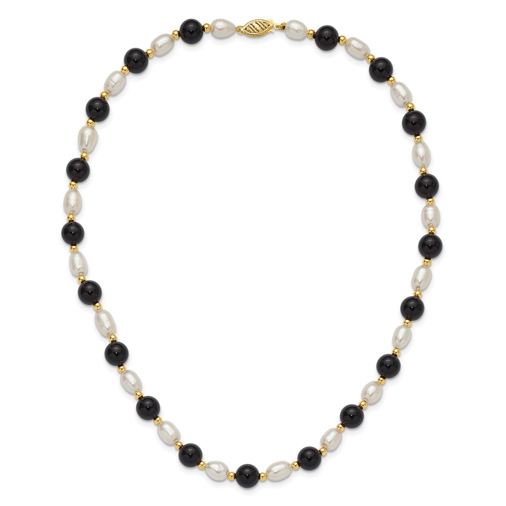 14k 6-7mm White Rice FW Cultured Pearl Onyx Bead Necklace