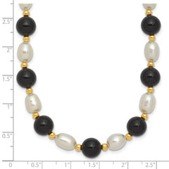 14k 6-7mm White Rice FW Cultured Pearl Onyx Bead Necklace
