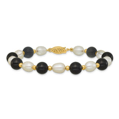 14k 6-7mm White Rice Freshwater Cultured Pearl and Onyx Beaded 8 inch Bracelet