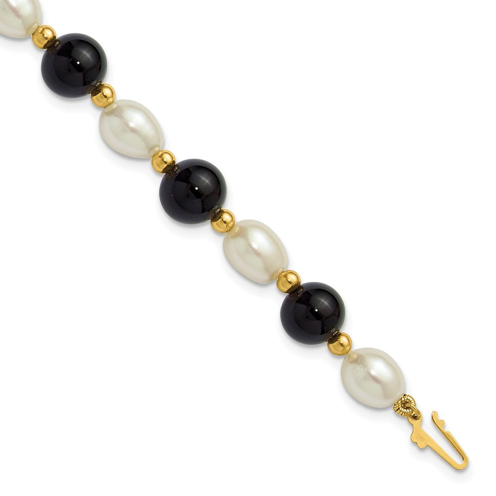 14k 6-7mm White Rice Freshwater Cultured Pearl and Onyx Beaded 8 inch Bracelet