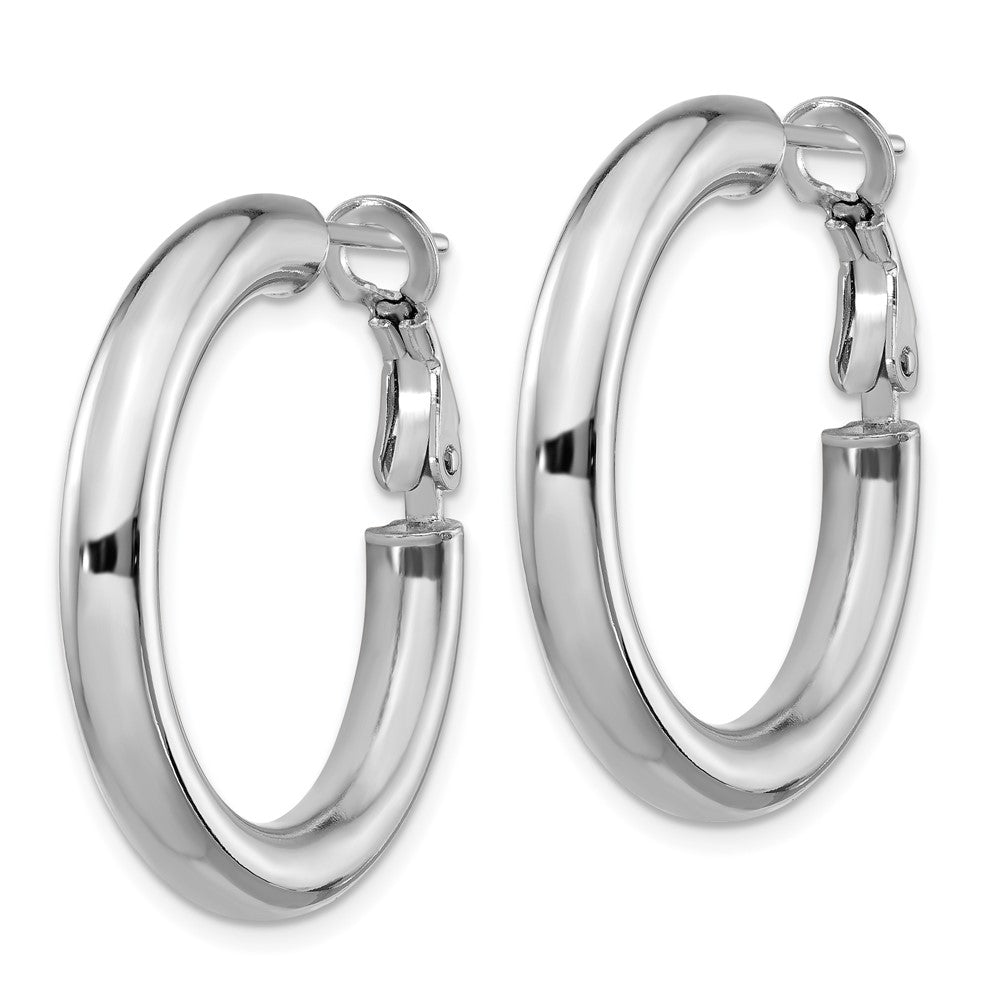 14k White Gold 4x20mm Polished Round Omega Back Hoop Earrings