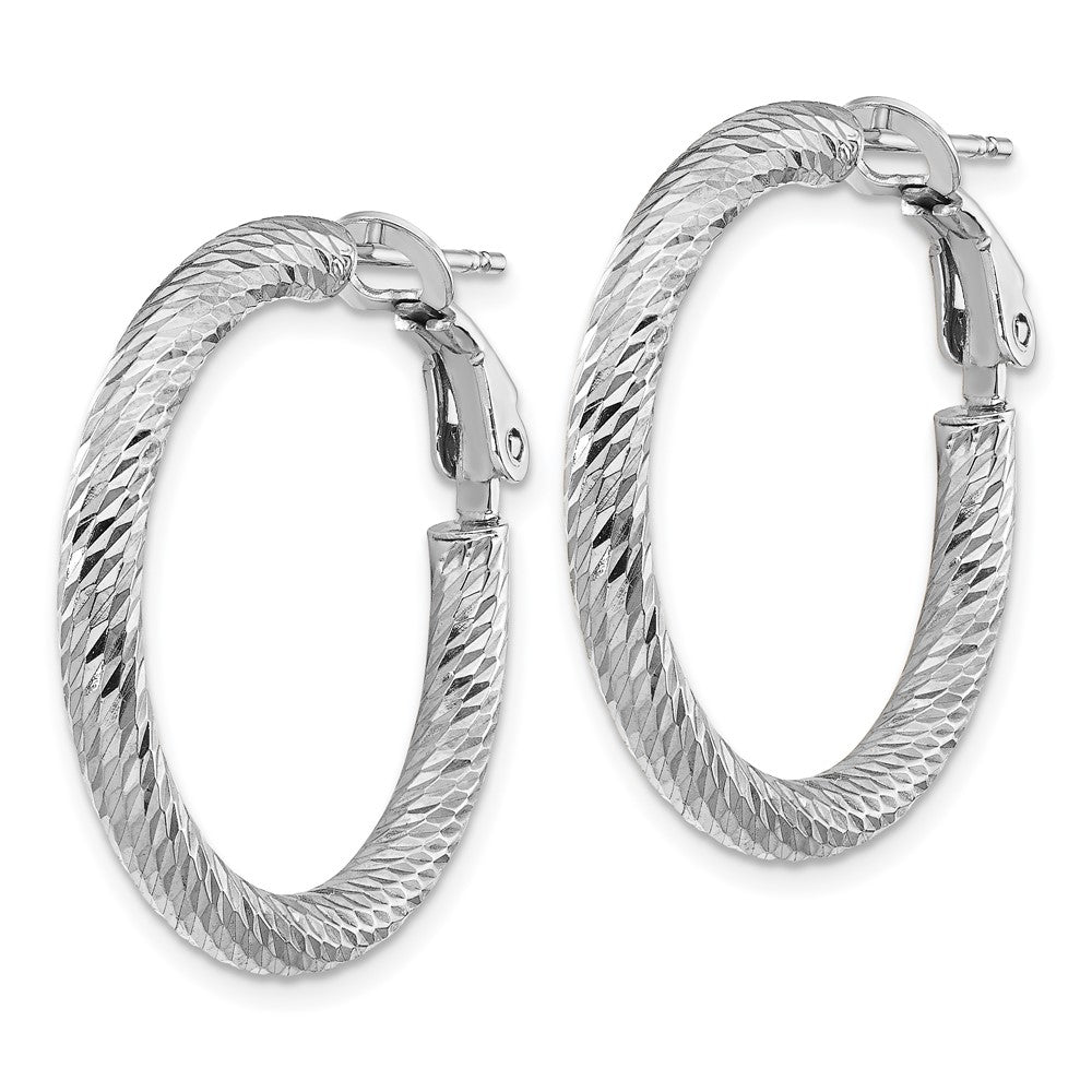 14k 3x20mm White Gold Diamond-cut Round Omega Back Hoop Earrings