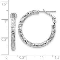 14k 3x20mm White Gold Diamond-cut Round Omega Back Hoop Earrings