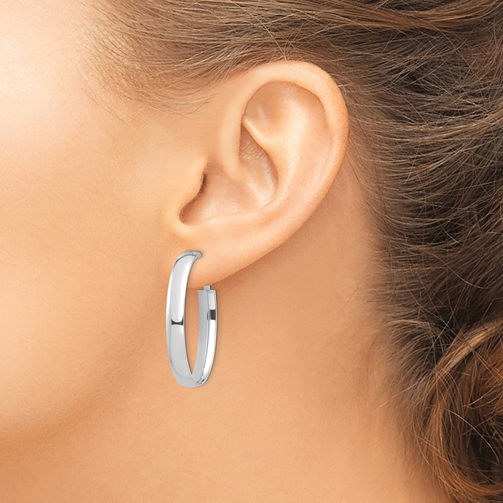 14k White Gold High Polished 5mm Oval Omega Back Hoop Earrings