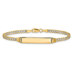 14k Polished with Rhodium Pavâ Solid Chain/Solid Plate Curb Link 25.5x5mm Plate 8 inch ID Bracelet