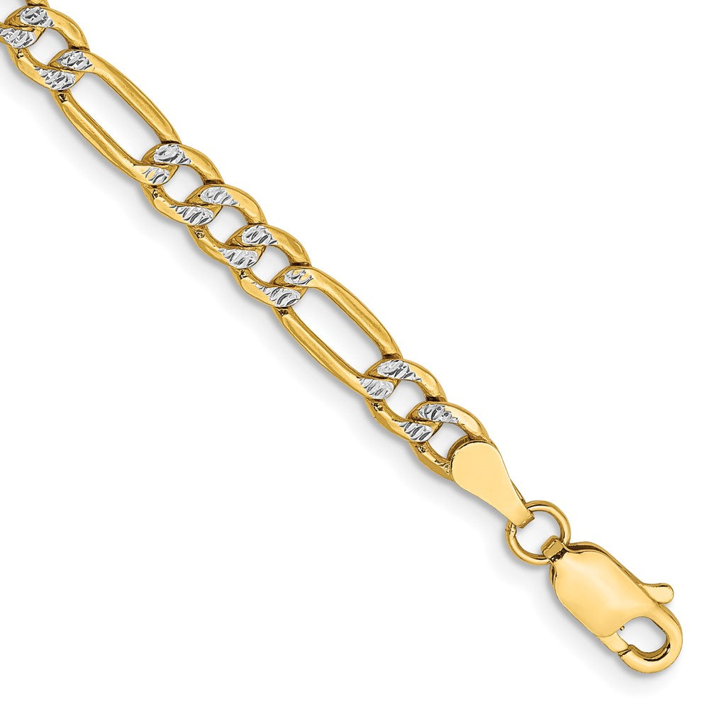 14K 7 inch 3.9mm Semi-Solid with Rhodium Pavâ Figaro with Lobster Clasp Bracelet