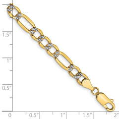 14K 7 inch 5.25mm Semi-Solid with Rhodium Pavâ Figaro with Lobster Clasp Bracelet