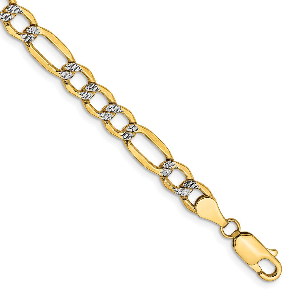 14K 8 inch 5.25mm Semi-Solid with Rhodium Pavâ Figaro with Lobster Clasp Bracelet