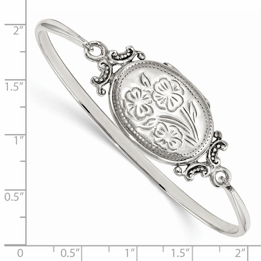 Sterling Silver Floral 26mm Oval Locket Bangle Bracelet