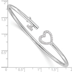 Sterling Silver Rhodium-plated CZ Heart and Key Flexible Bangle