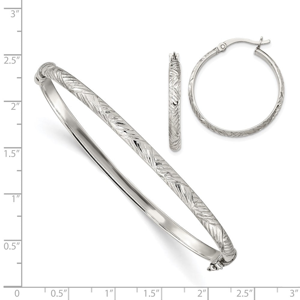 Sterling Silver D/C 4mm Bangle and 3mm Hoop Earring Set - 3