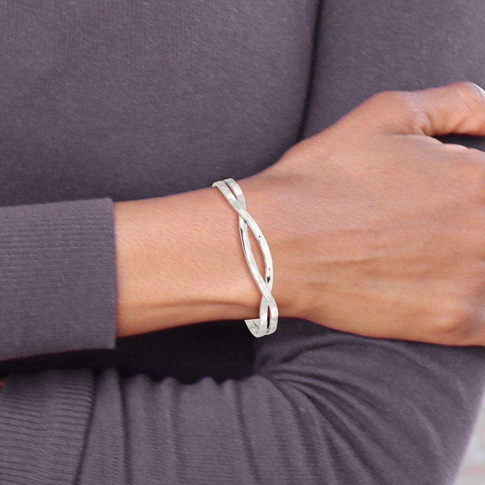 Sterling Silver Polished Hammered Criss Cross Cuff Bangle