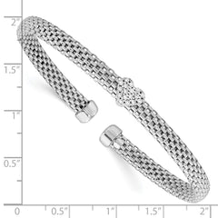 Sterling Silver Rhodium-plated Polished CZ Heart Mesh Cuff Bangle