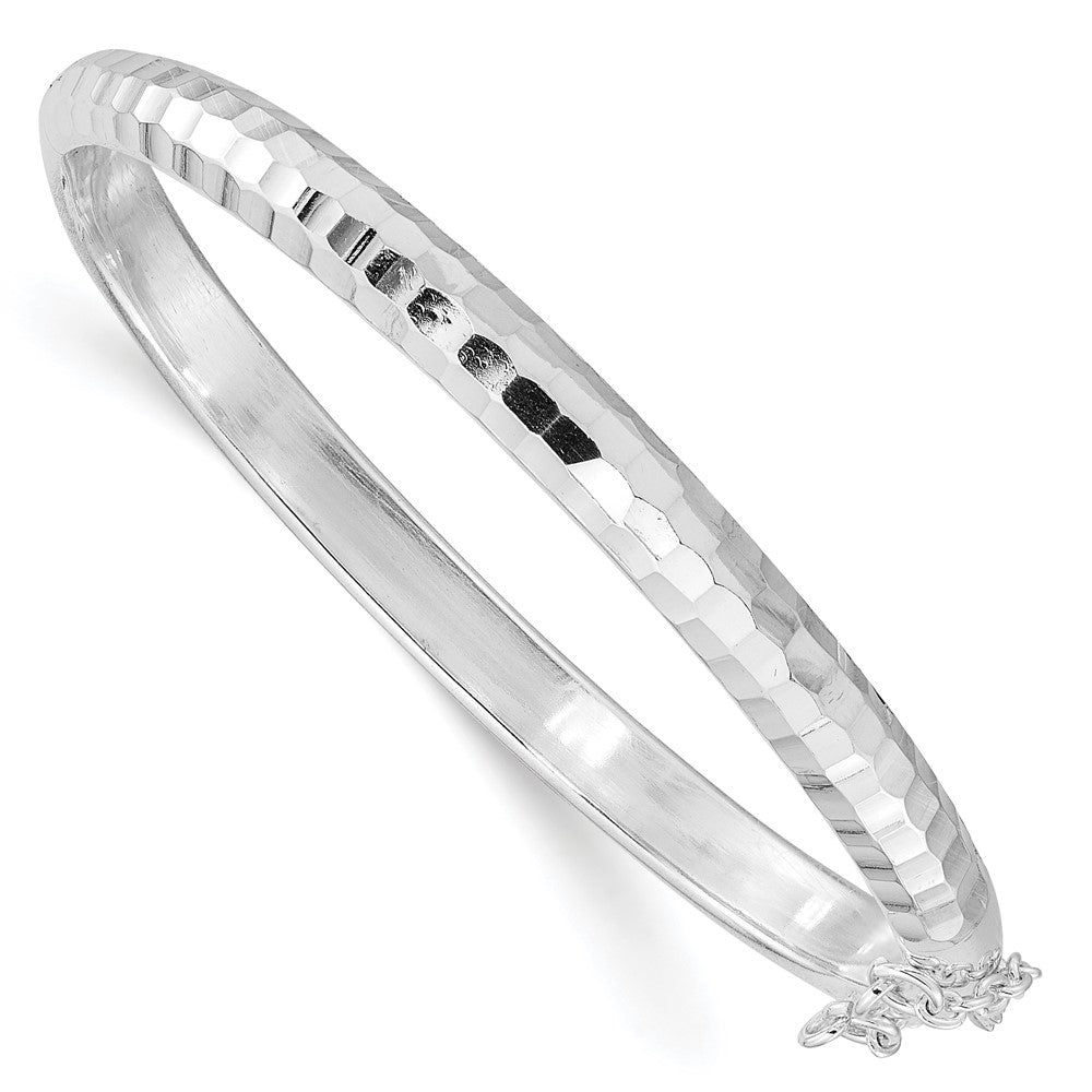 Sterling Silver Rhodium-plated Polished & Diamond-cut 5mm with Safety Clasp Hinged Children's Bangle - 4