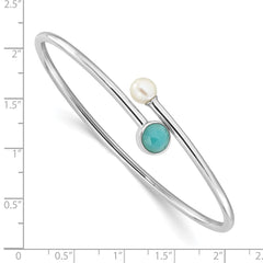 SS Rh-plated Amazonite and FWC Pearl Flexible Cuff Bangle Bracelet
