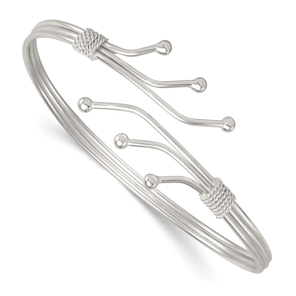 Sterling Silver Polished Twisted and Beaded Fancy Triple Band Cuff Bangle Bracelet