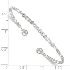 Sterling Silver Polished and Beaded Bezel Set CZ Bar Cuff Bangle